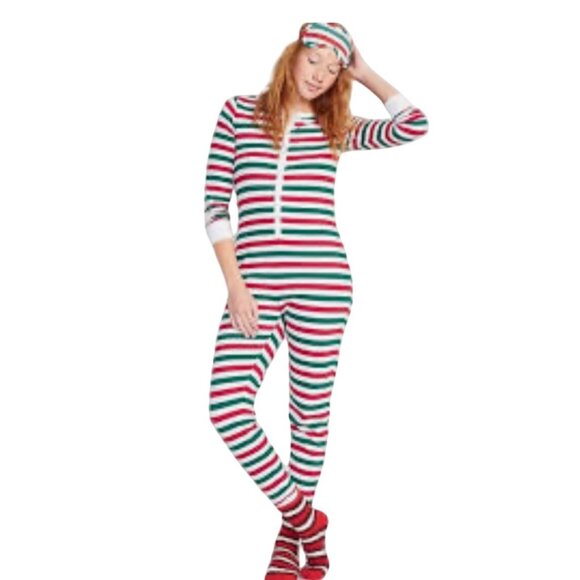 Old Navy Womens Striped Christmas Pajamas Size L Jumpsuit Long Johns Holiday - Picture 1 of 10